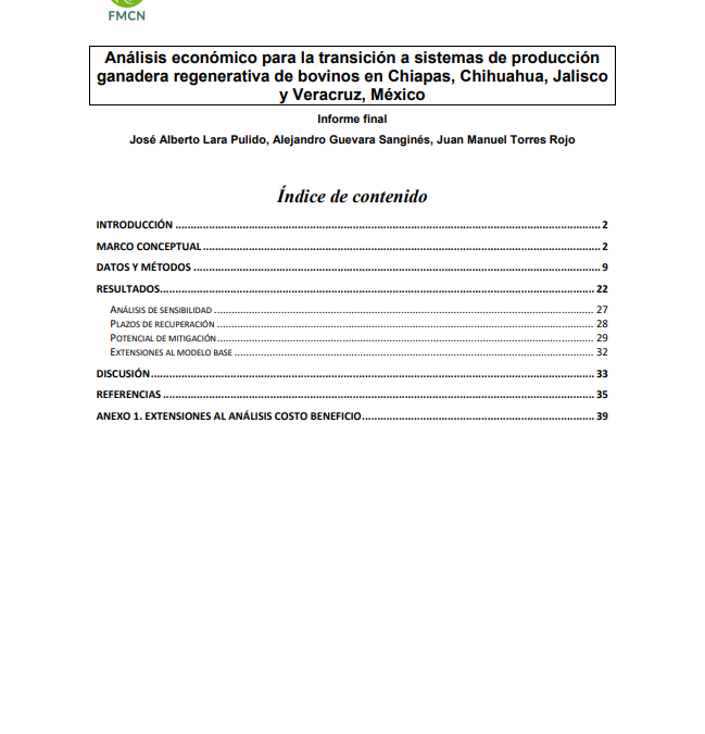 Análisis económico para la transición a sistemas de producción ganadera regenerativa de bovinos en Chiapas, Chihuahua, Jalisco y Veracruz